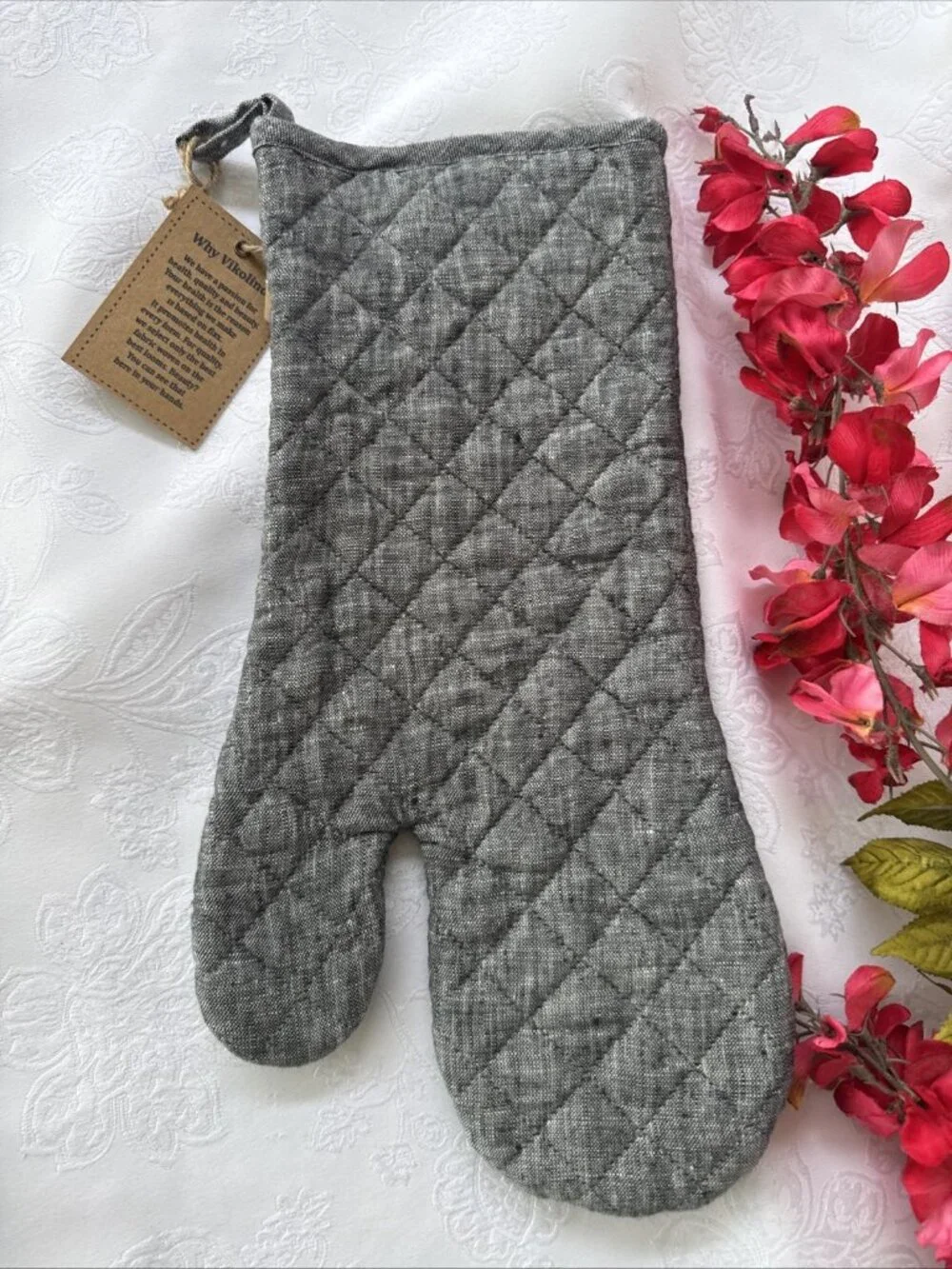 Vikolino Gray Linen Quilted Oven Glove Machine Washable 12.5